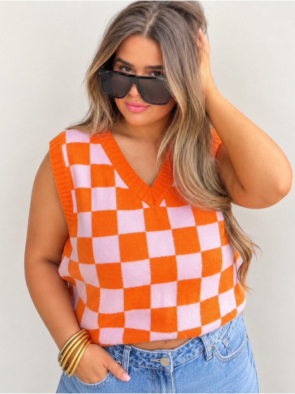 Double Zero Orange & Light Pink Checkerboard V-Neck Sweater Vest